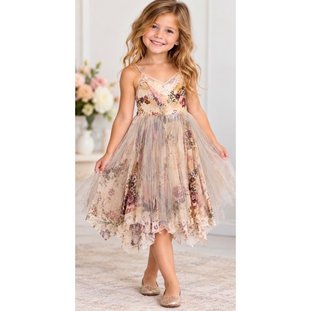 Dollcake Golden Girl Tutu Dress Pink Floral Sheer Layered Tulle Lace Size 6